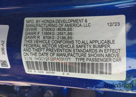 2024 Honda Accord Hybrid Sport from USA, damaged, VIN 1HGCY2F58RA031171